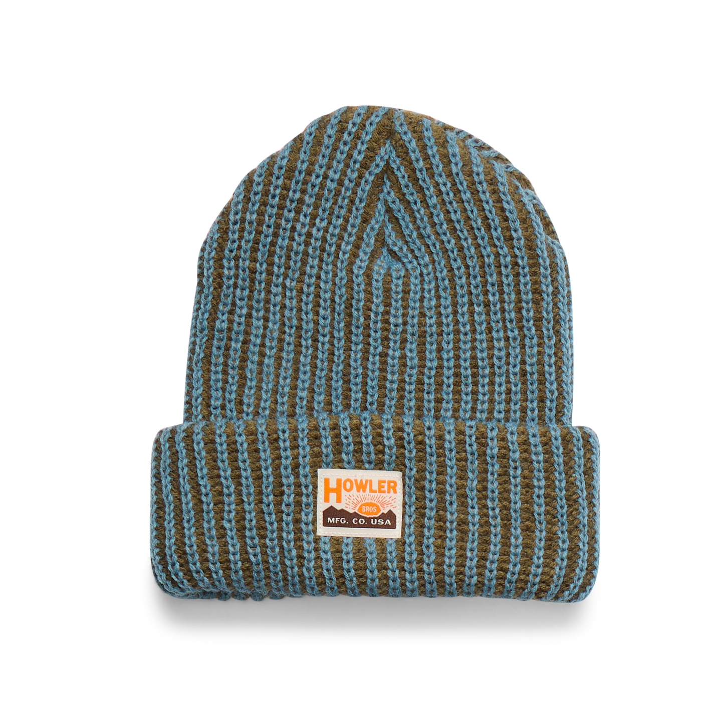 Knitted beanie with a brand label on a white background