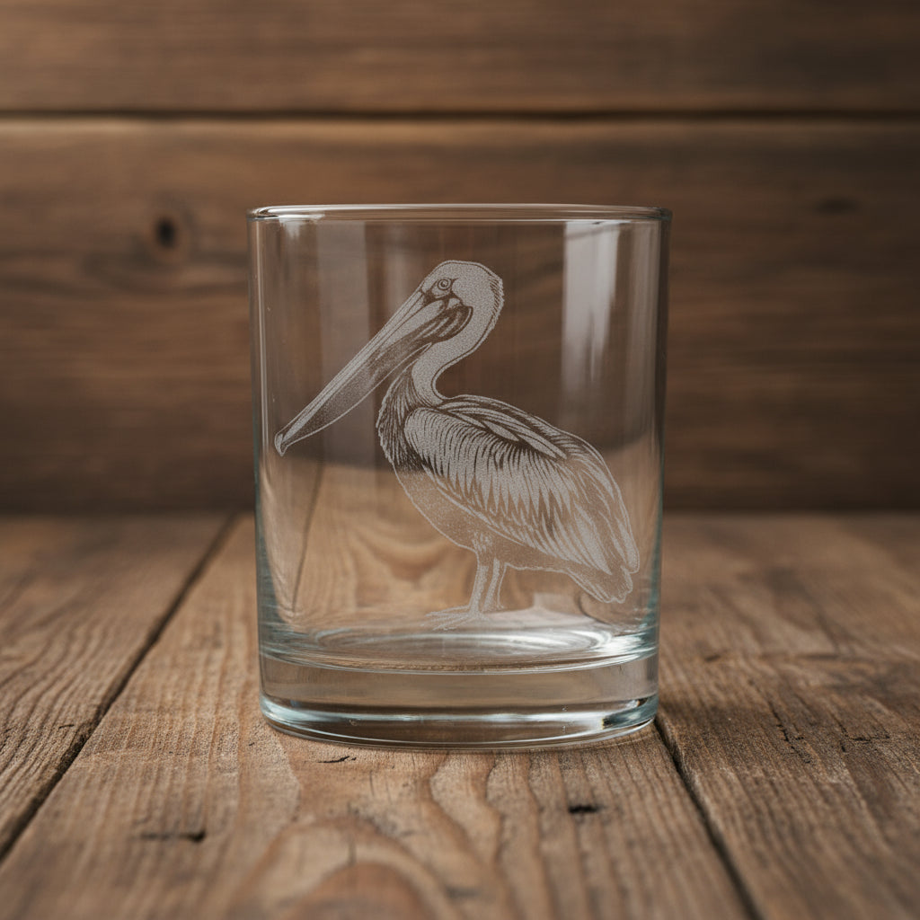 Clear glass tumbler with a pelican etching on a wooden surface with a plant in the background