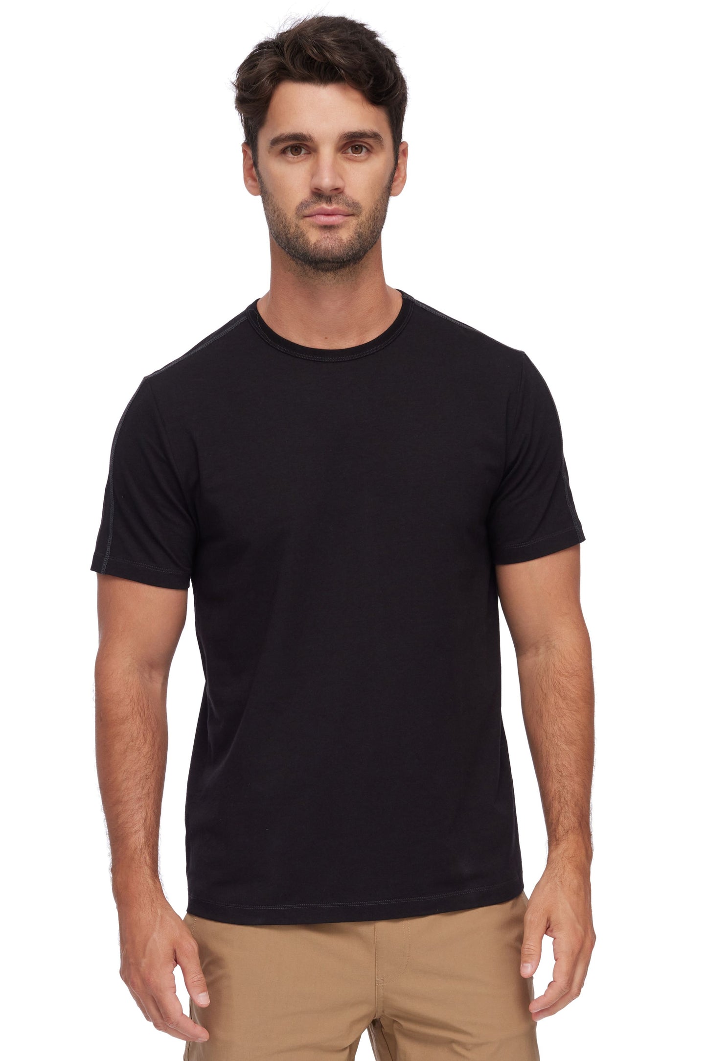 Man wearing a black t-shirt on a white background