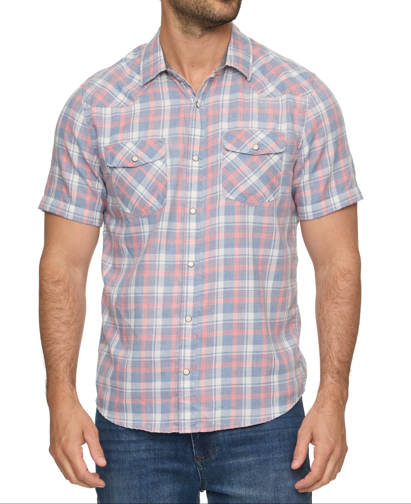 Man wearing a plaid short-sleeve shirt on a white background