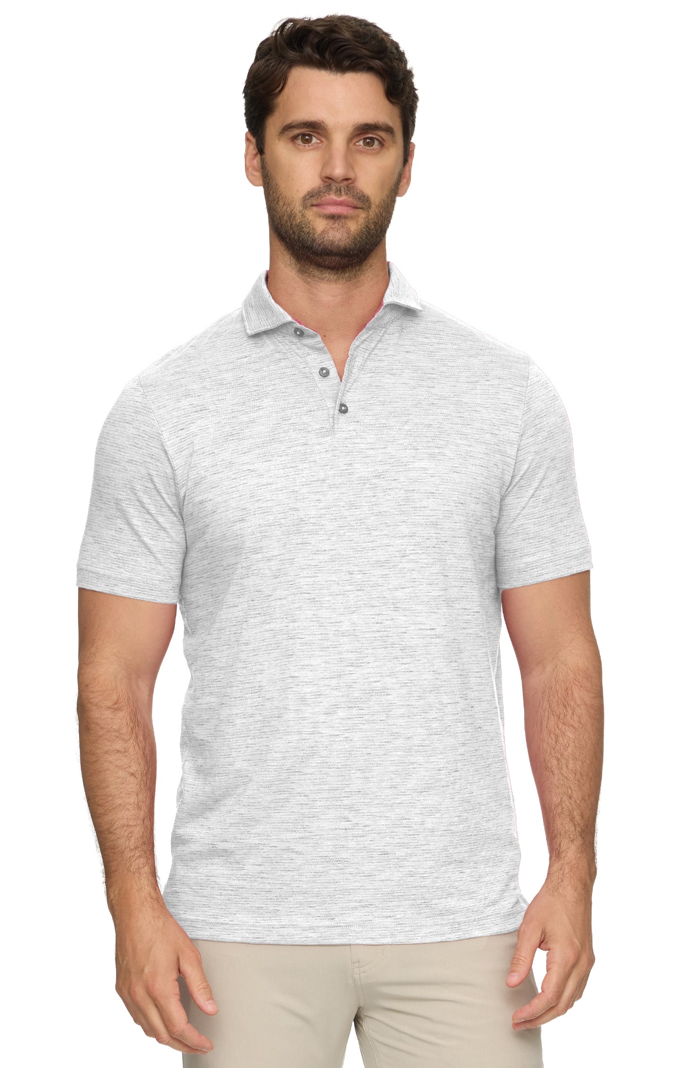 Man wearing a light gray polo shirt on a white background