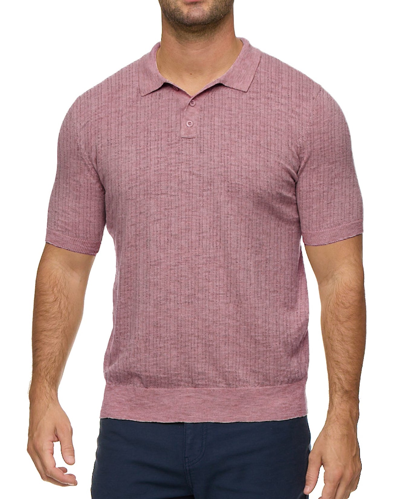 Man wearing a pink textured polo shirt on a white background