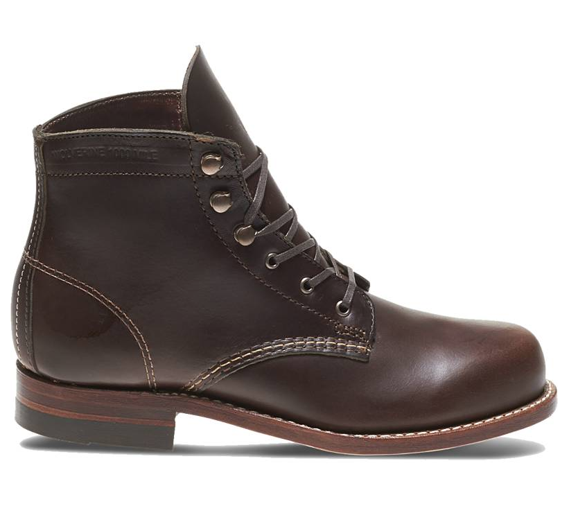 Outside Right view of Women’s Wolverine 1000 Mile Boot in premium Horween leather with lace-up front and leather outsole, handcrafted in the USA.