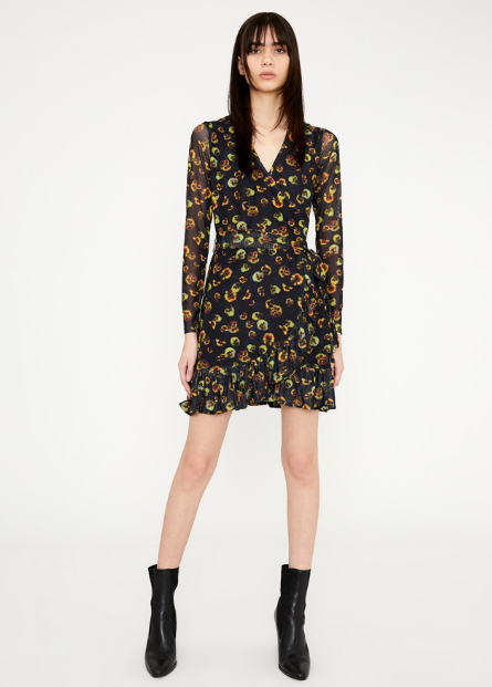 Sheer Mini Wrap Dress - Sheer Black Violets