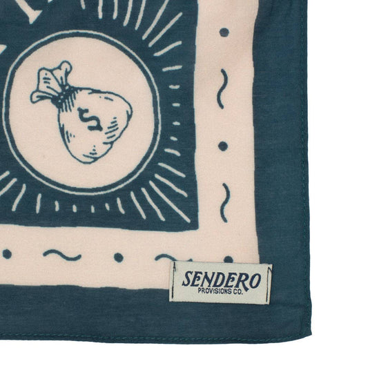 Navy blue and beige bandana with a logo and 'Sendero Provisions Co.' label.