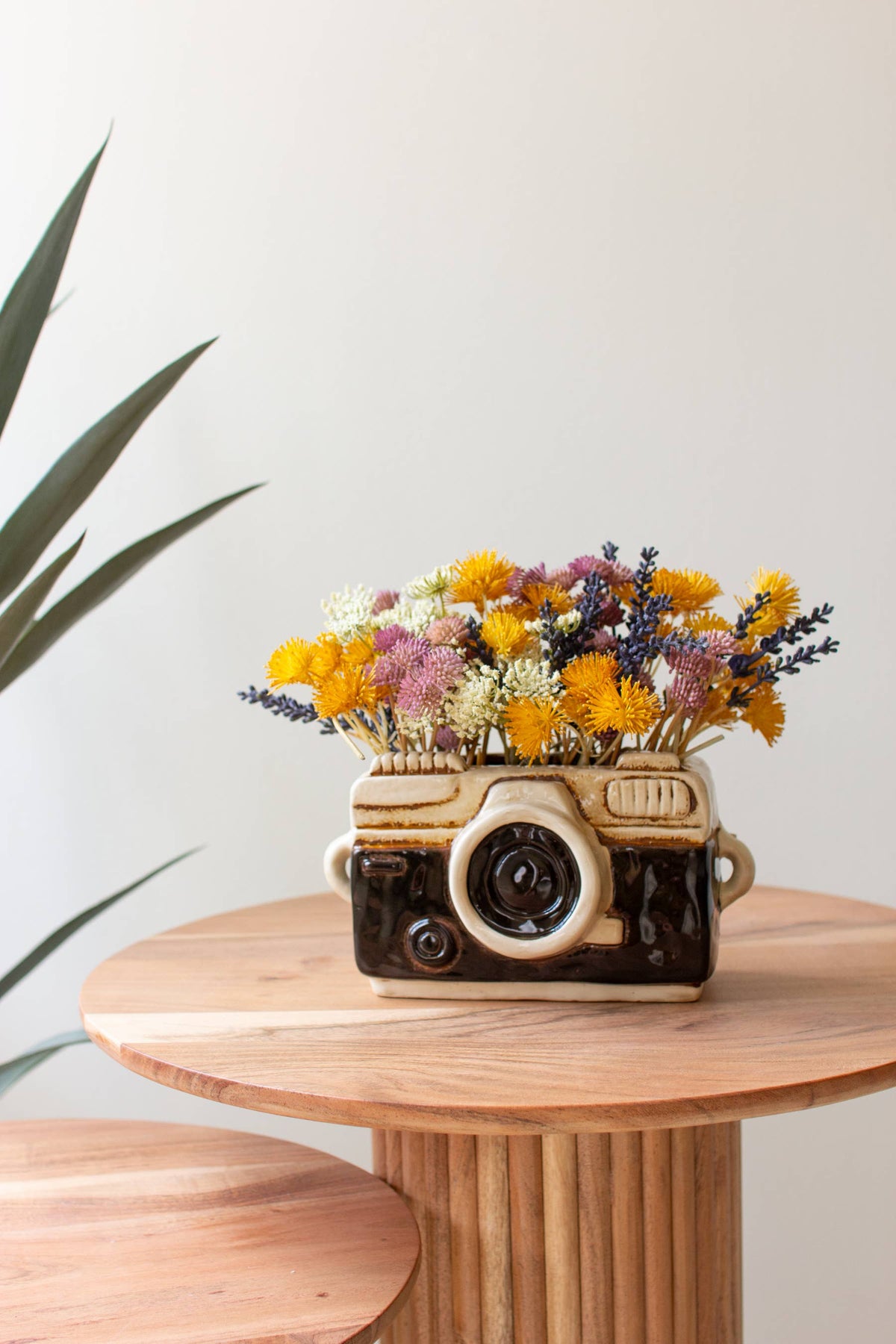 Camera-shaped vase with flowers on a wooden table