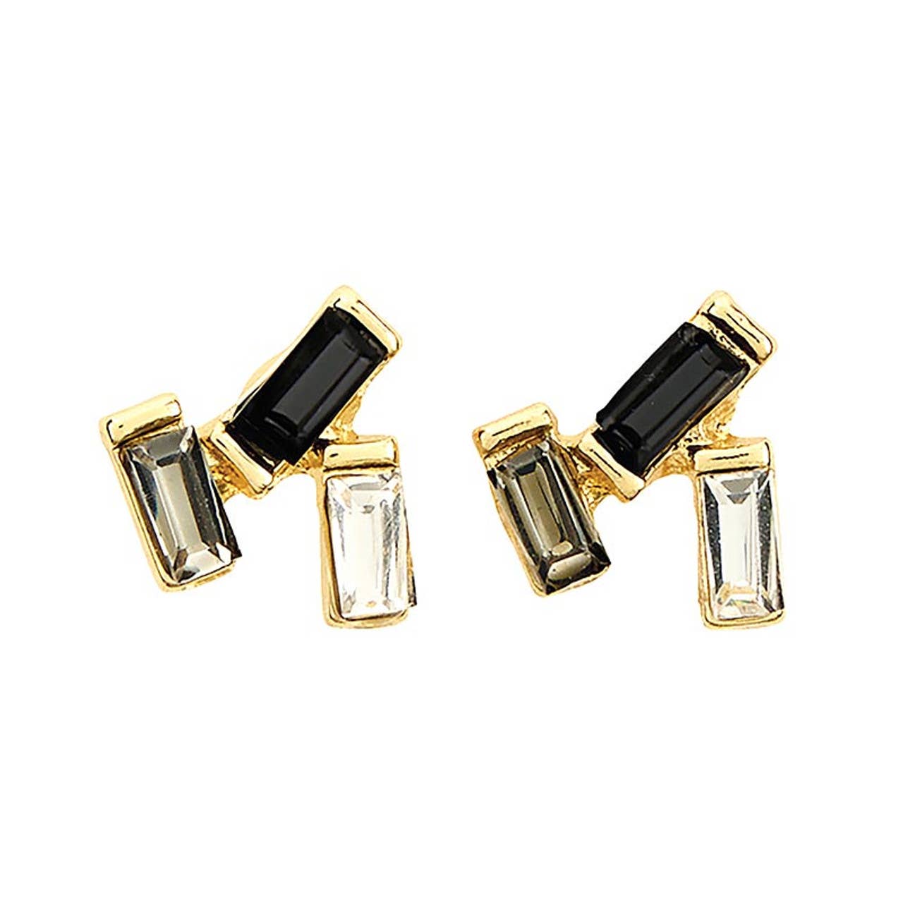 Pair of earrings with gold frames and multicolored gemstones on a white background