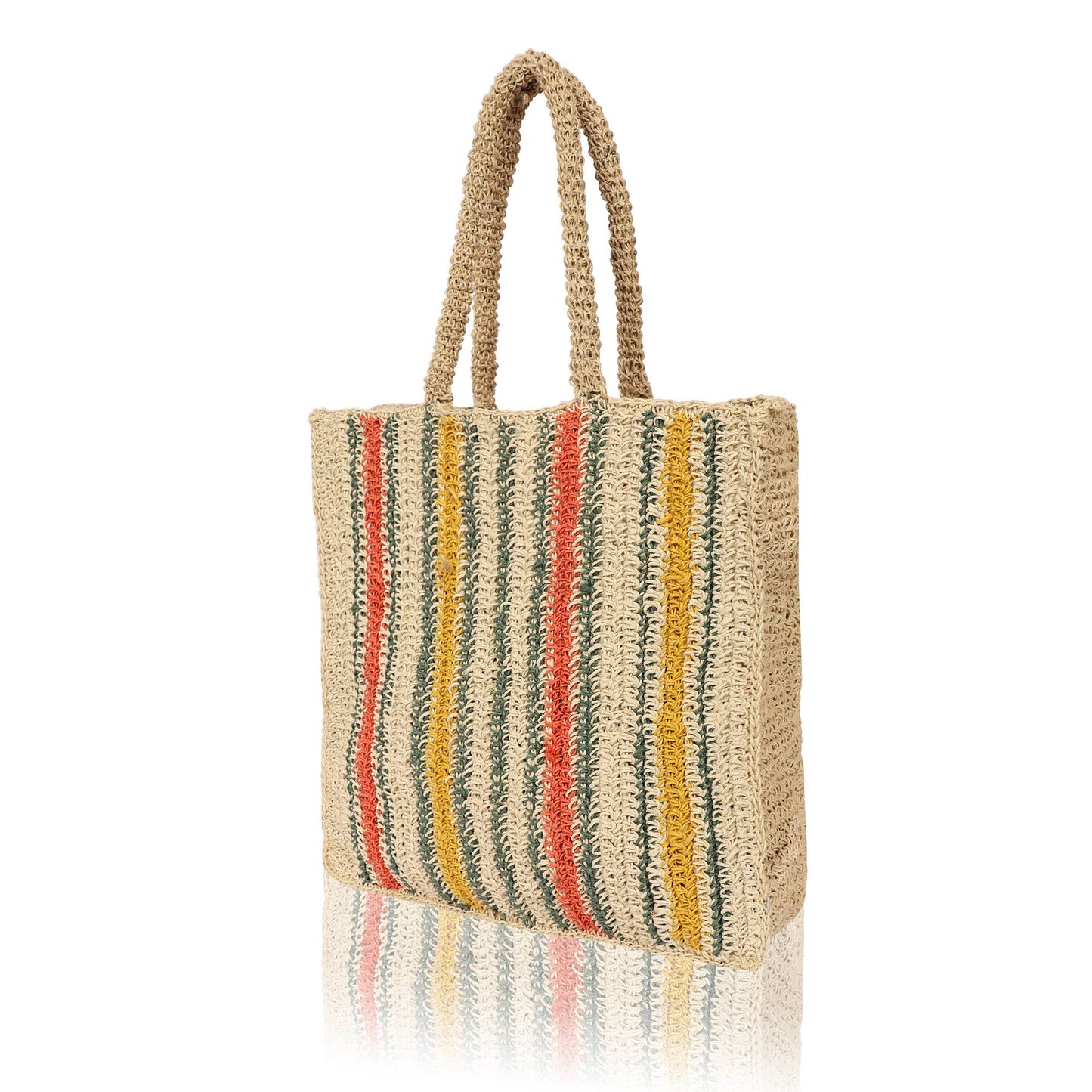 Woven tote bag with colorful stripes on a white background