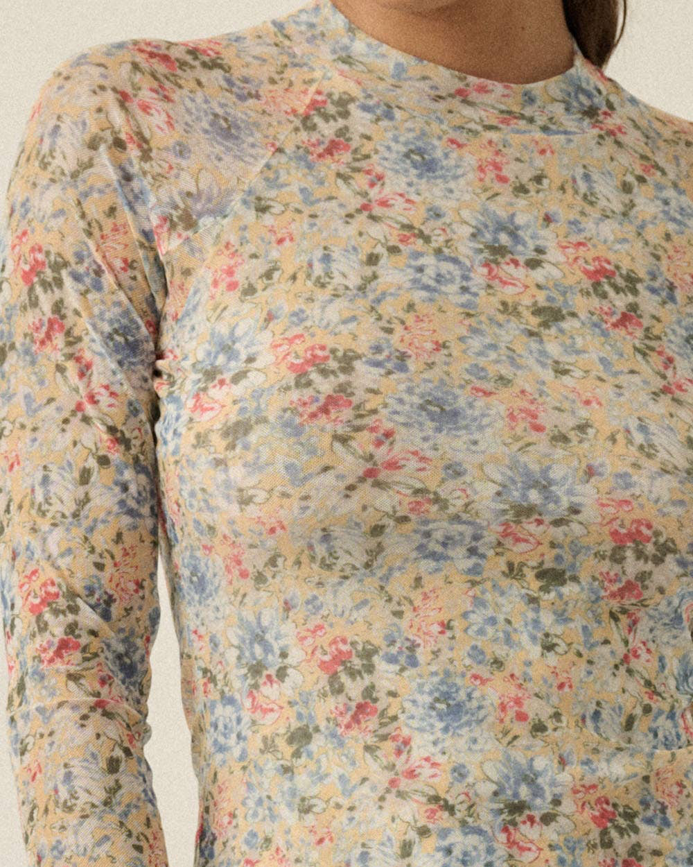 Floral patterned long-sleeve top worn by a person