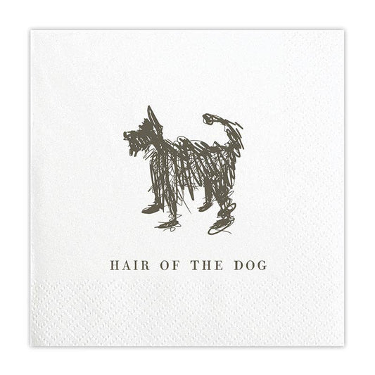 Black and white illustration of a dog with 'Hair of the Dog' text on a textured white background