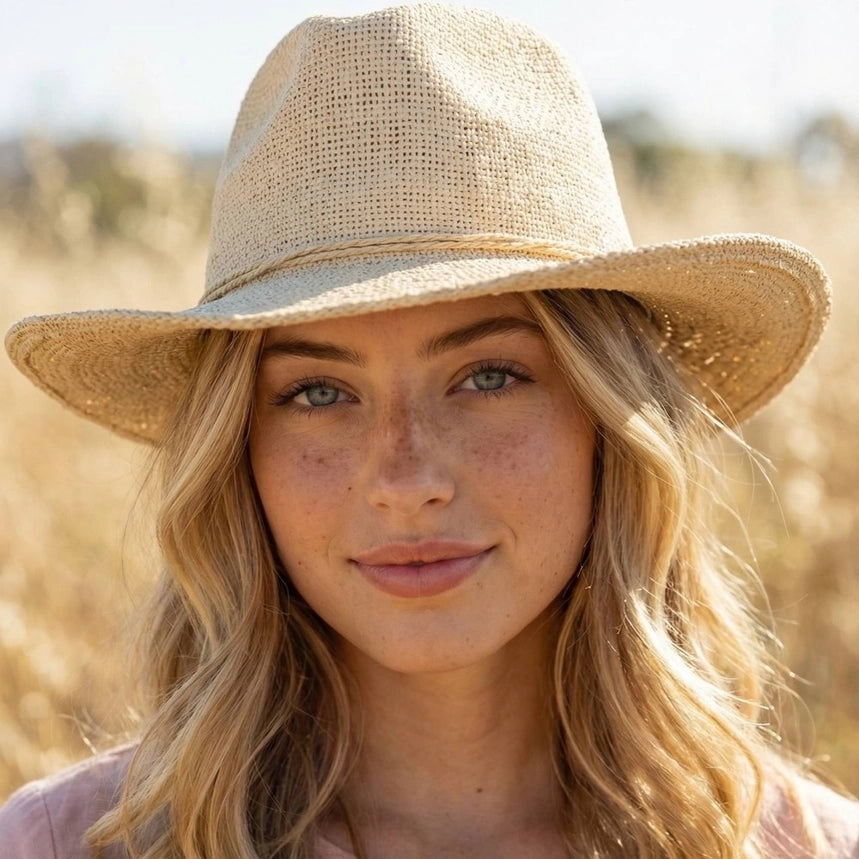 Woman wearing a straw hat in a field