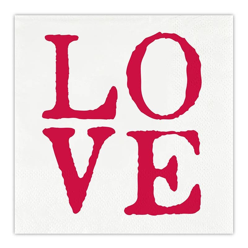 A square white art print or canvas featuring the word 'LOVE' in large, textured red letters arranged vertically, shown against a plain white background.
