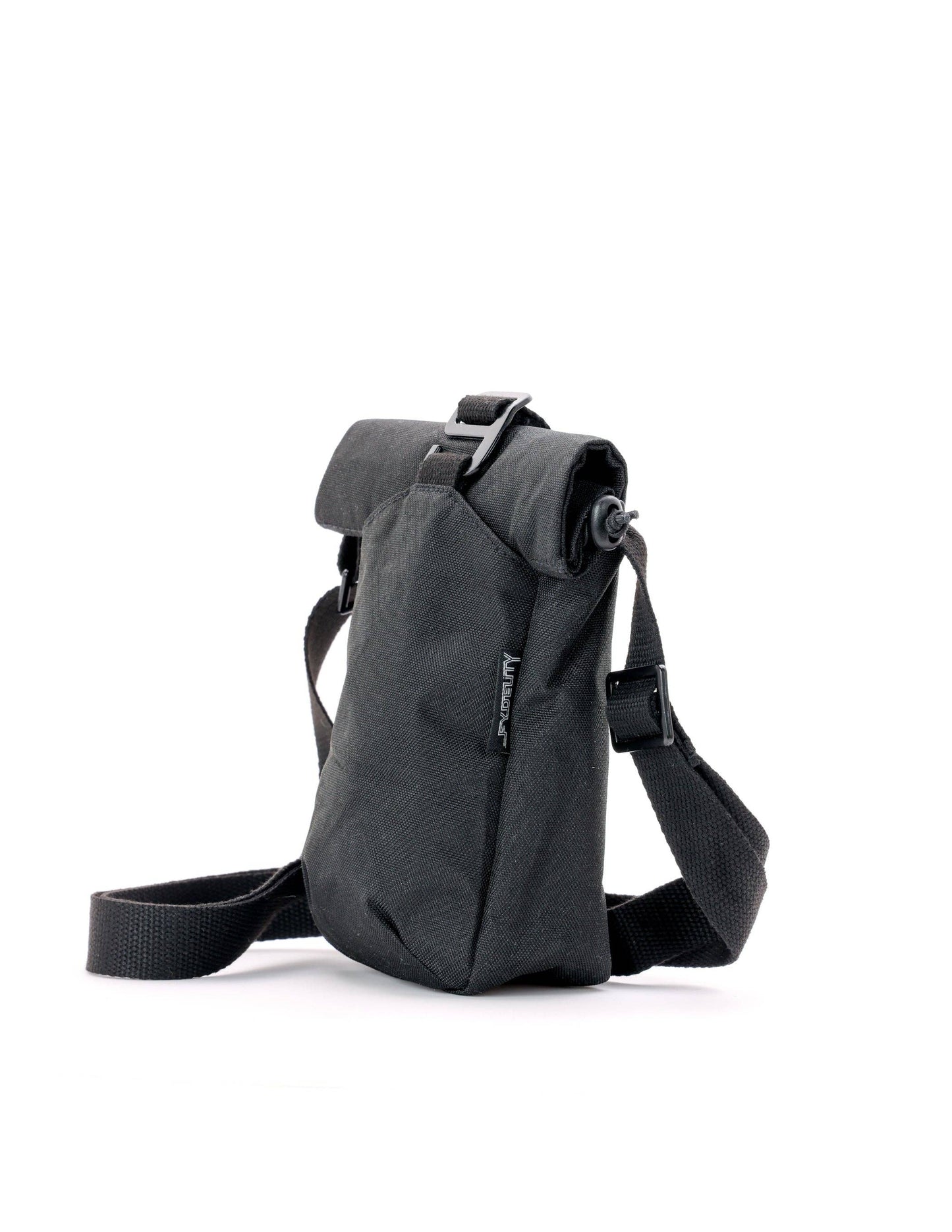 Black crossbody bag on a white background