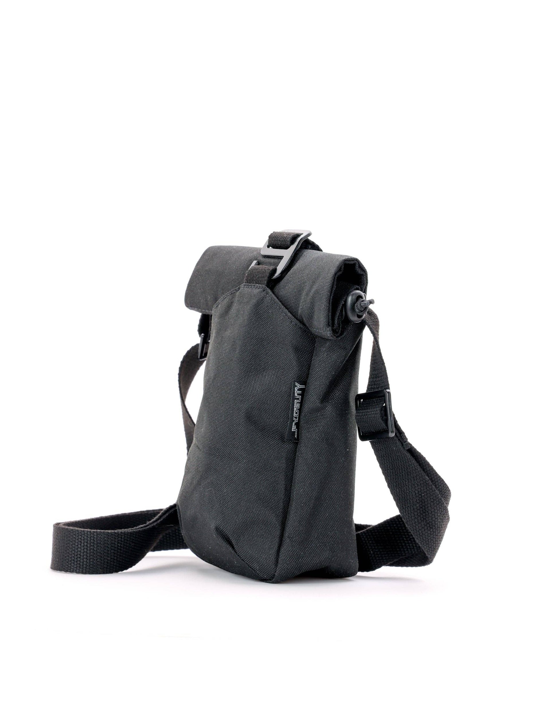 Black crossbody bag on a white background