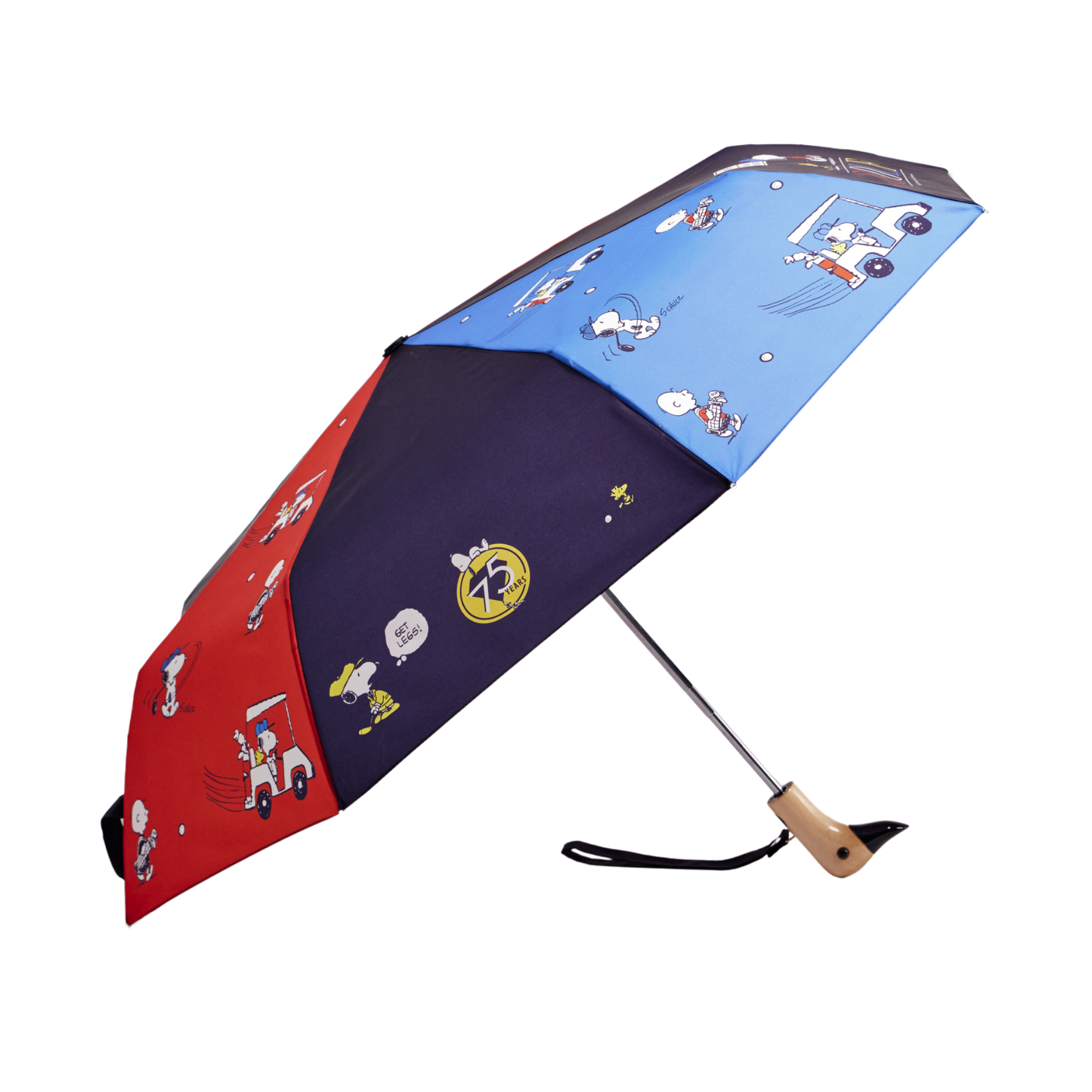 Colorful umbrella with cartoon designs on a white background