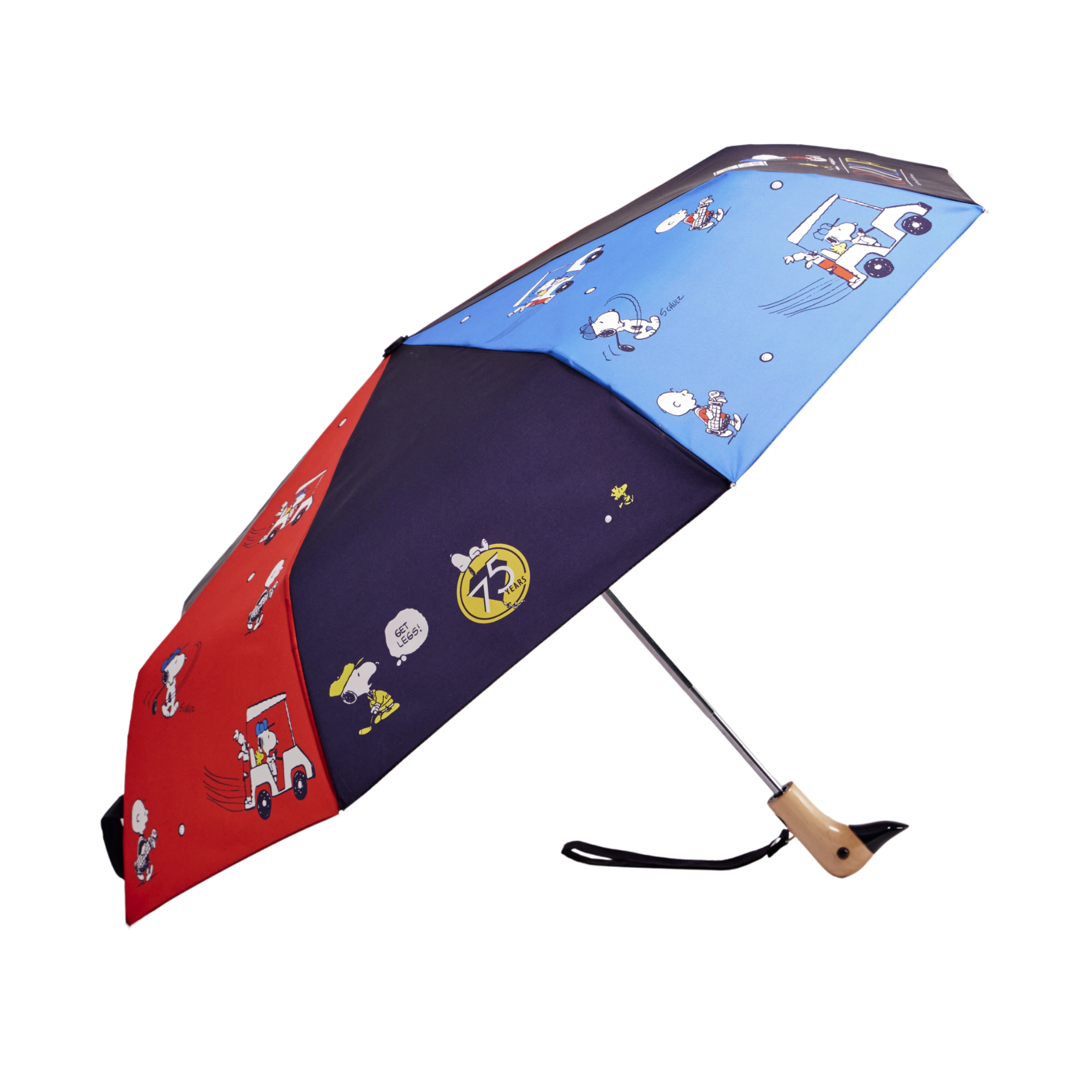 Colorful umbrella with cartoon designs on a white background