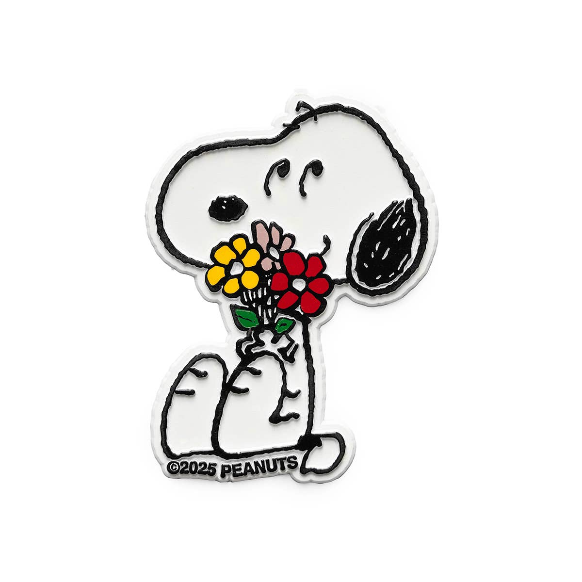 Snoopy holding a bouquet of flowers with 'Peanuts' logo on a white background