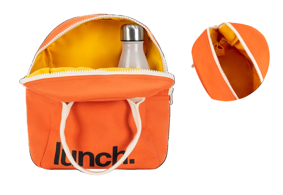 Orange lunch bag with a bottle inside on a white background