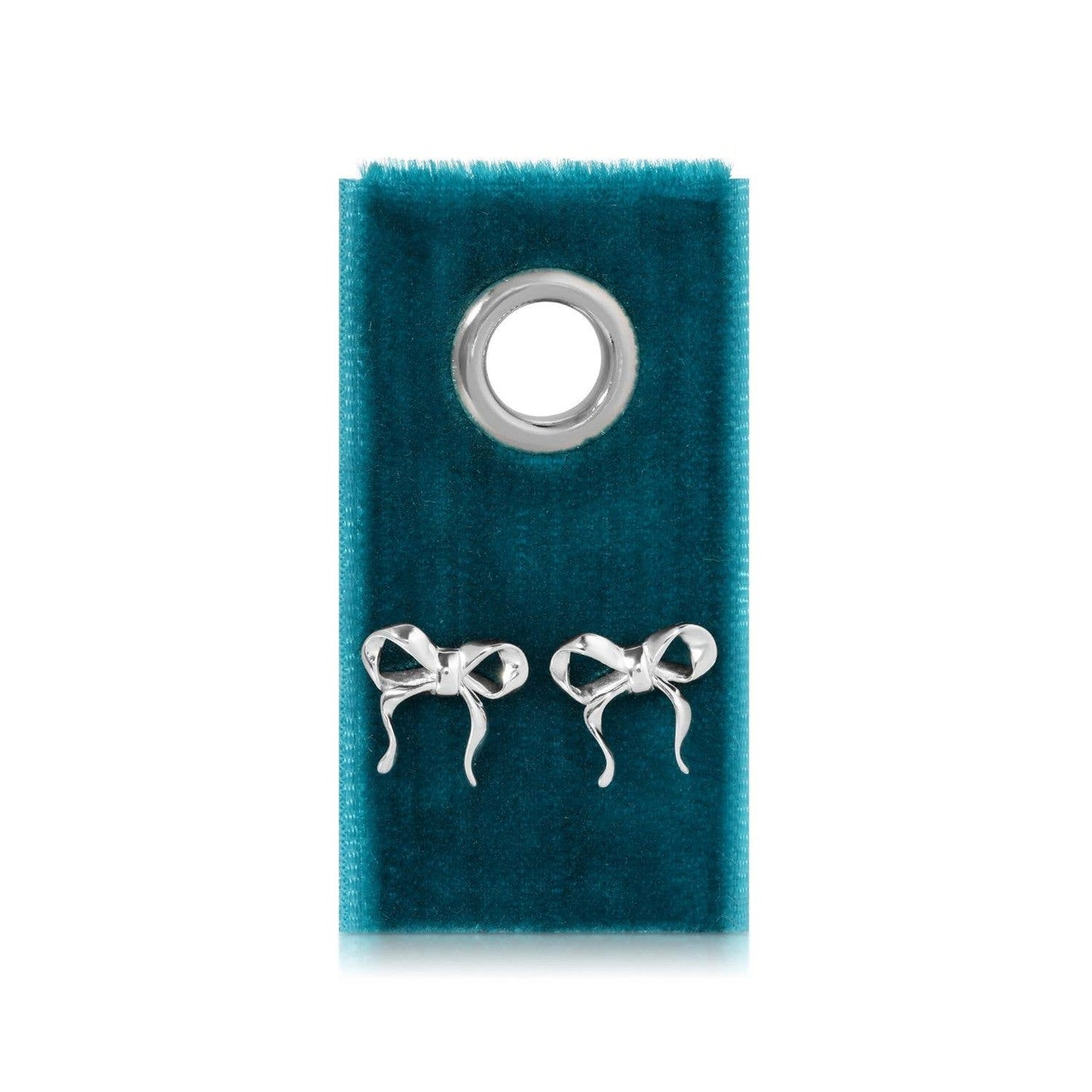 Silver bow-shaped earrings on a blue velvet card with a clear plastic cover.