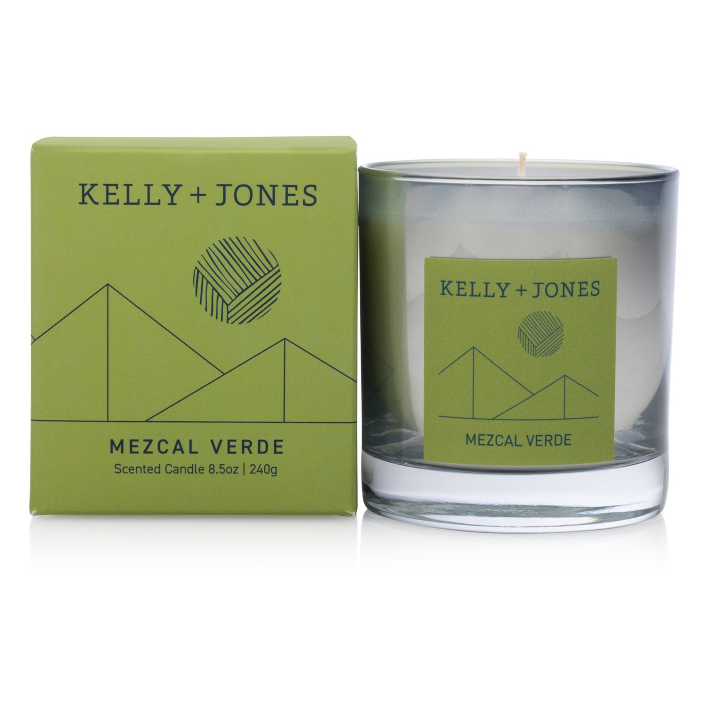 Kelly + Jones Mezcal Verde candle and packaging on a white background