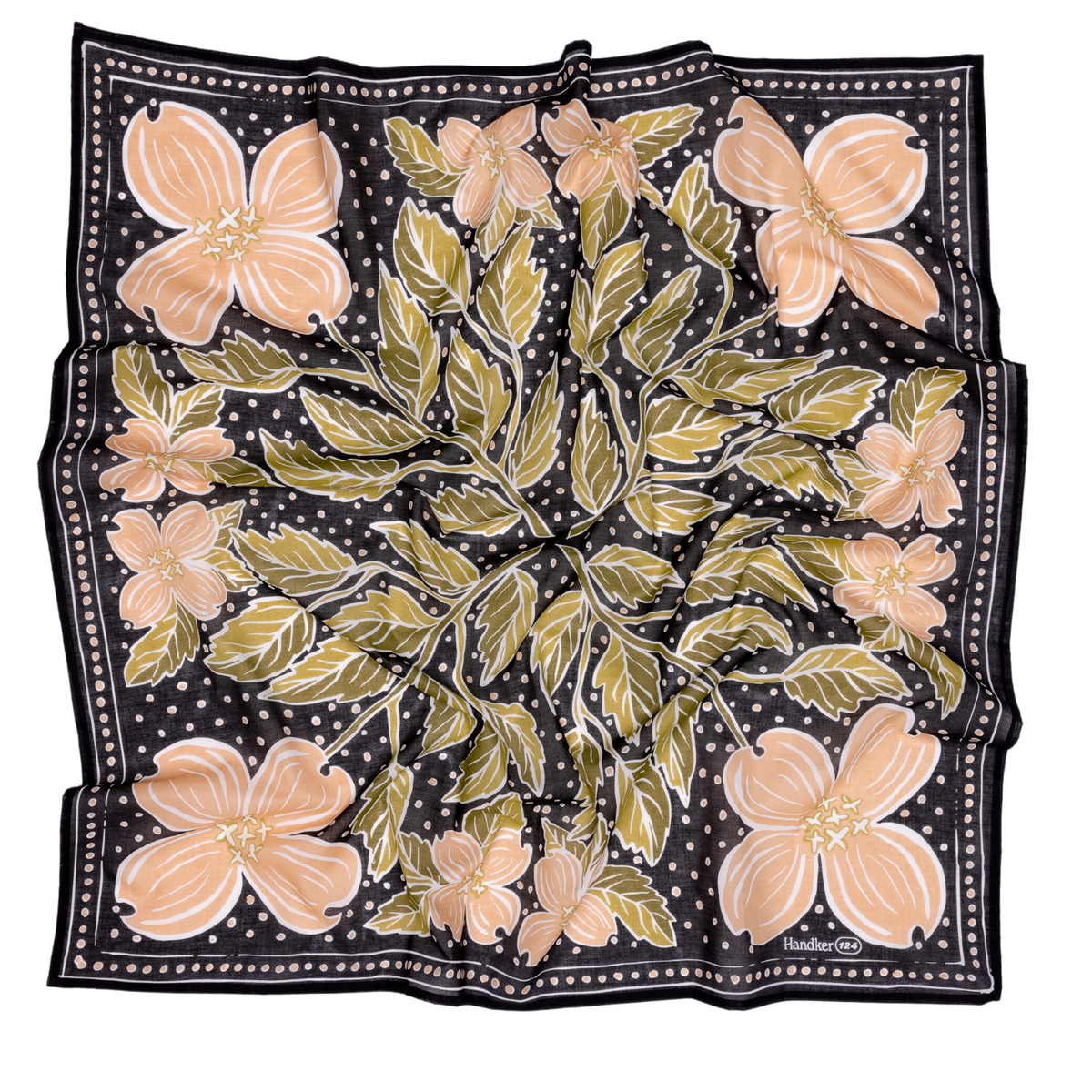 Floral patterned scarf with pink flowers and green leaves on a black background