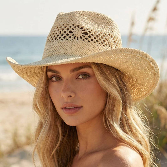 Woman wearing a straw hat on a beach