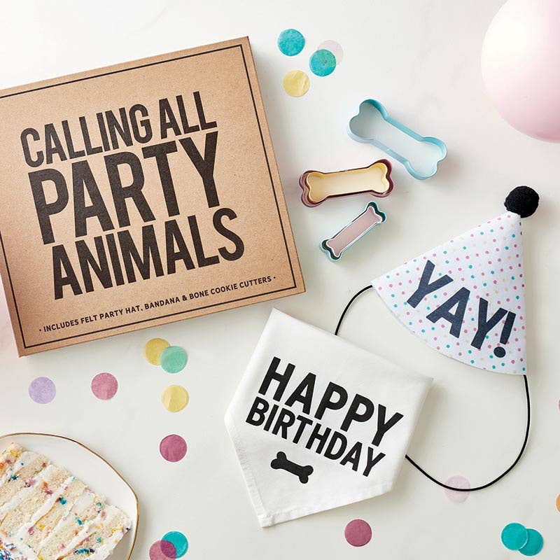Birthday party supplies including a box labeled 'Calling All Party Animals', a 'Happy Birthday' banner, and cookie cutters on a white surface.