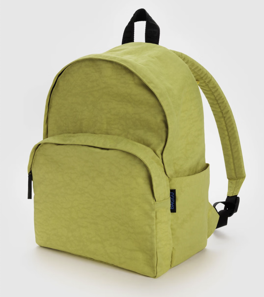 Baggu backpack in recycled nylon, front view showing zip pocket and sleek design