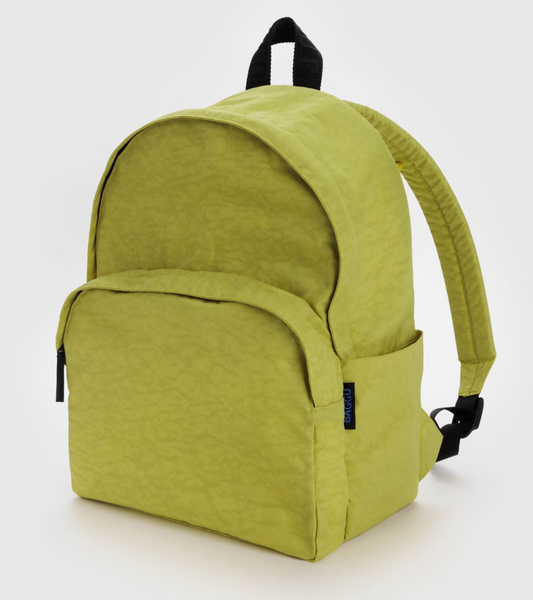Baggu backpack in recycled nylon, front view showing zip pocket and sleek design