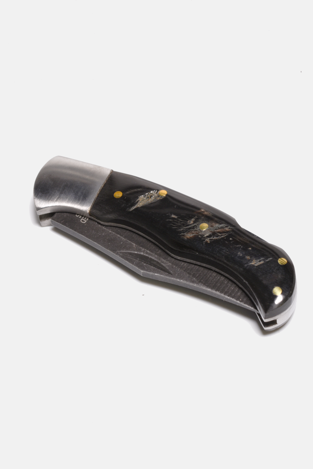 Foldable knife with black handle and silver blade on a white background