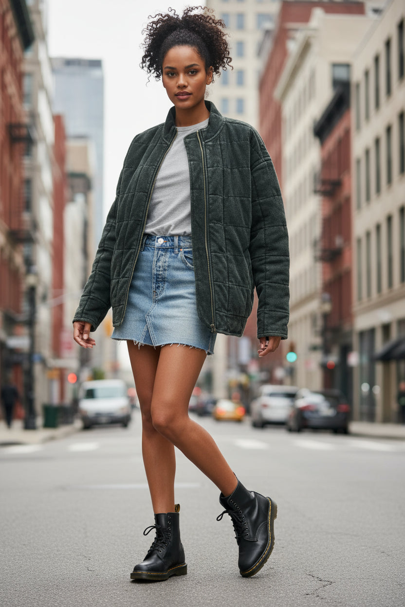 Woman wearing a dark denim jacket, light denim shorts, and black boots on a beige background
