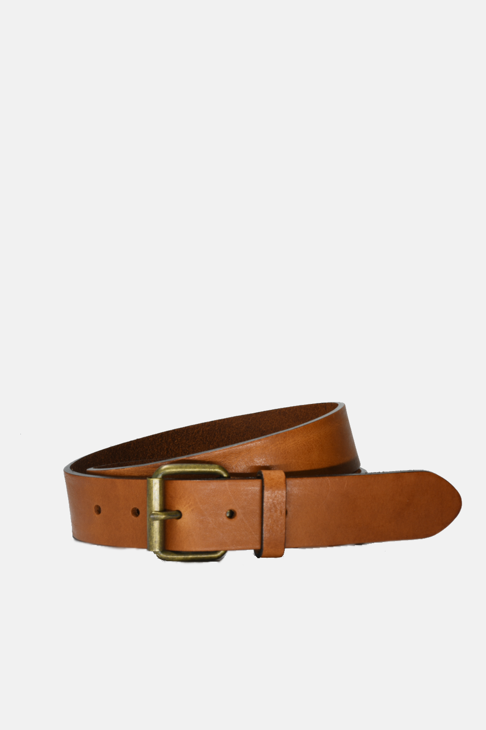 Brown leather belt with a gold buckle on a light beige background