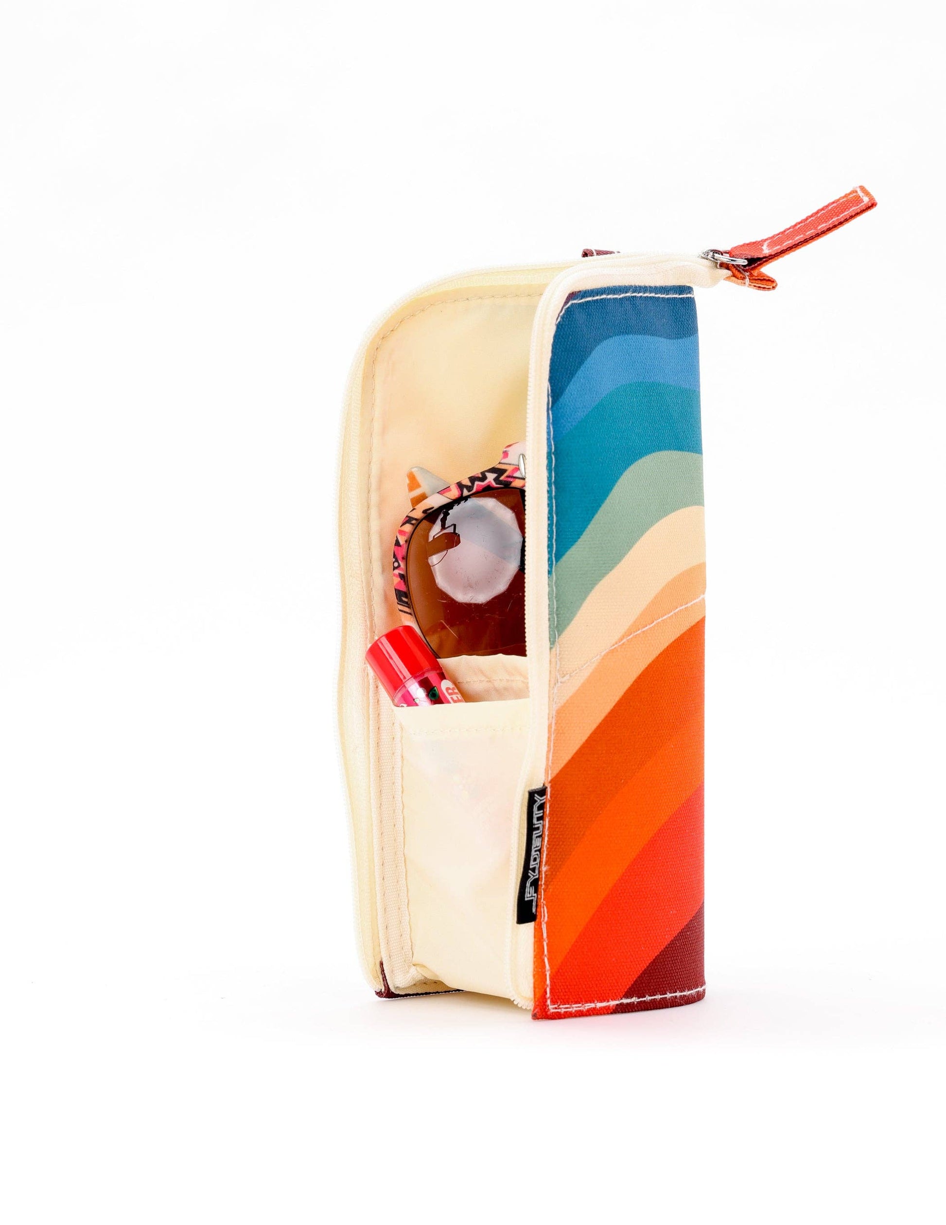 Colorful pencil case with a rainbow pattern on a white background