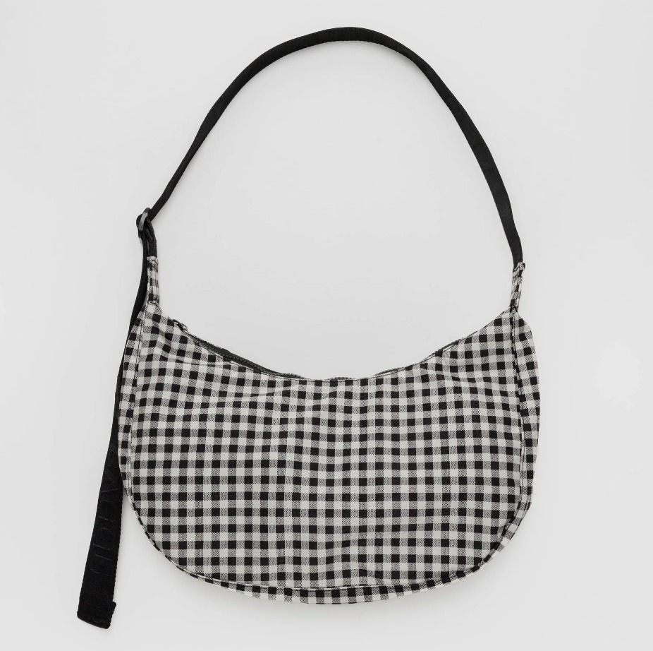 Medium Nylon Crescent Bag - Black and White Gingham