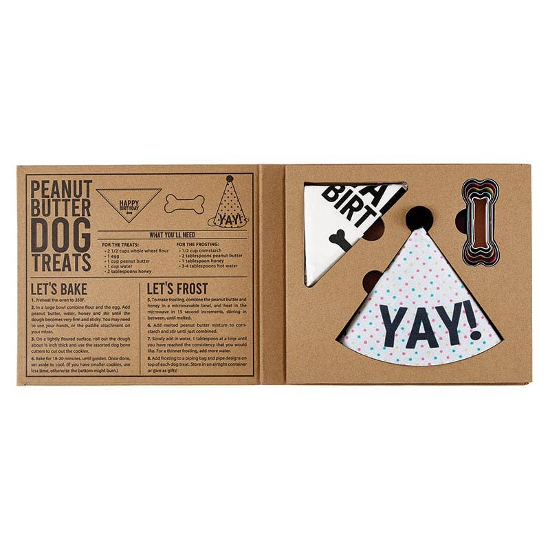 Peanut Butter Dog Treats packaging with a 'YAY!' design on a white background
