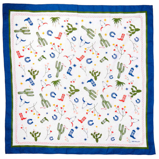 Scarf with cactus and boot pattern on a white background
