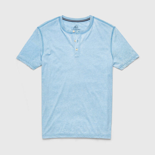 Light blue henley shirt on a light gray background