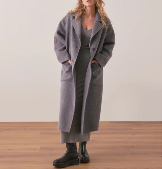 Colette Oversized Longline Coat in Grey Heather, full-length front view.  Shown of model with full length grey dress and black boots.