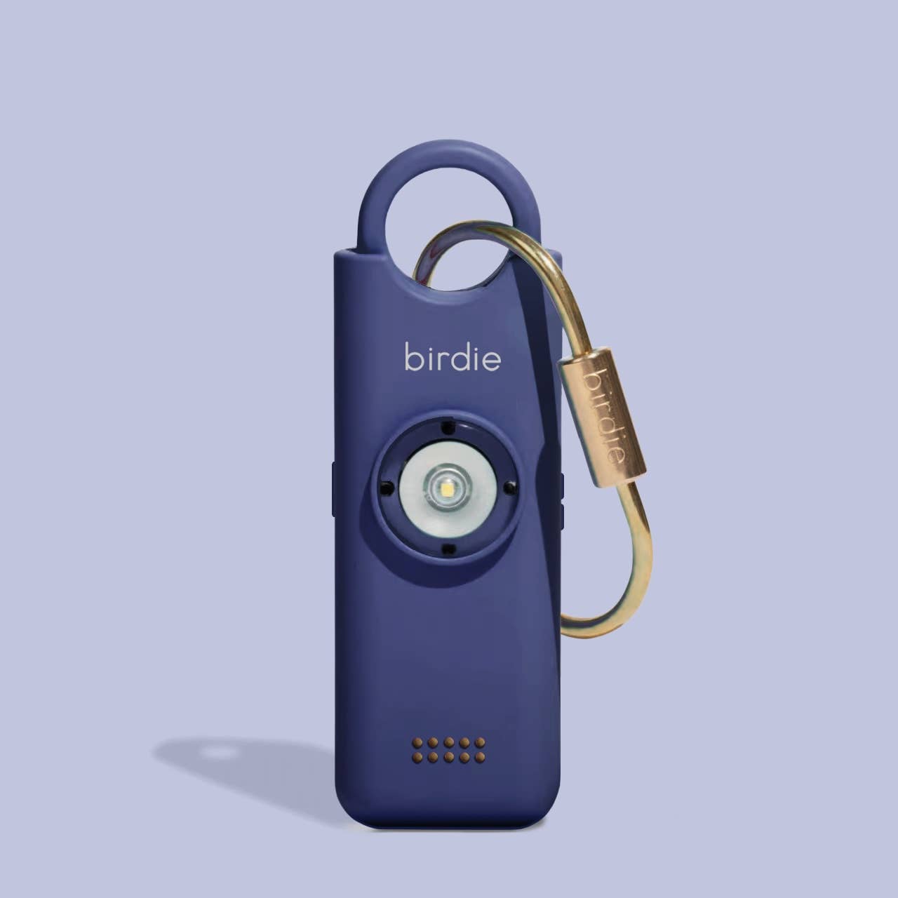 Blue device with a gold carabiner on a light purple background