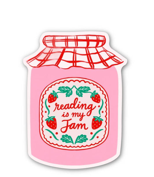 Pink jar with plaid lid labeled 'reading is my jam' on a white background