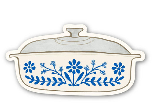 Casserole dish with blue floral patterns on a white background