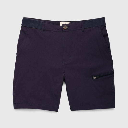 Navy blue shorts with a zipper pocket on a light gray background