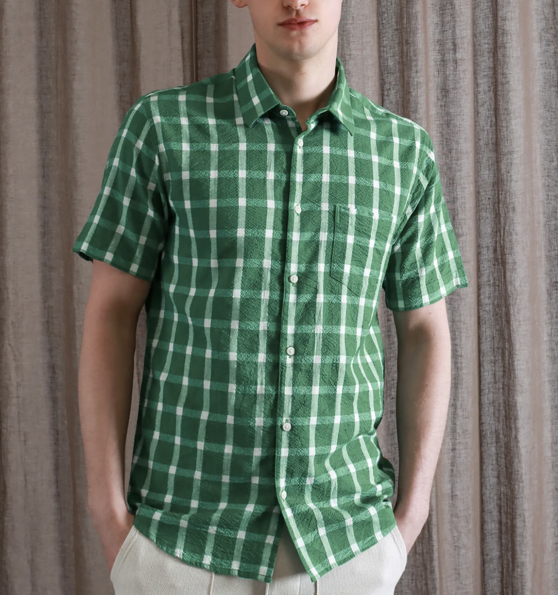 Classic S/S Shirt - Green Ribbed Seersucker Check