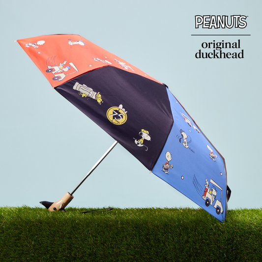 Colorful umbrella with cartoon characters on grass against a clear blue sky, featuring 'Peanuts' branding.