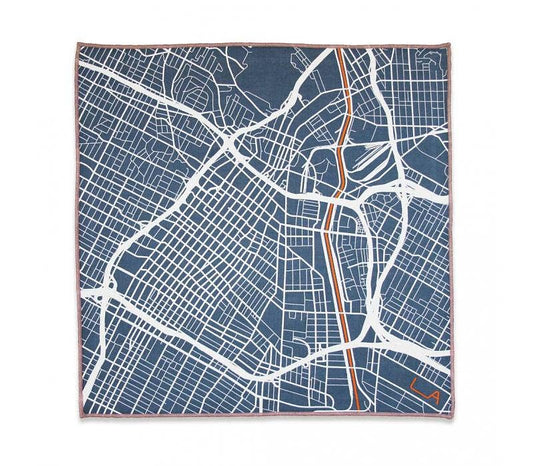 City map print with blue background and white lines on a white background