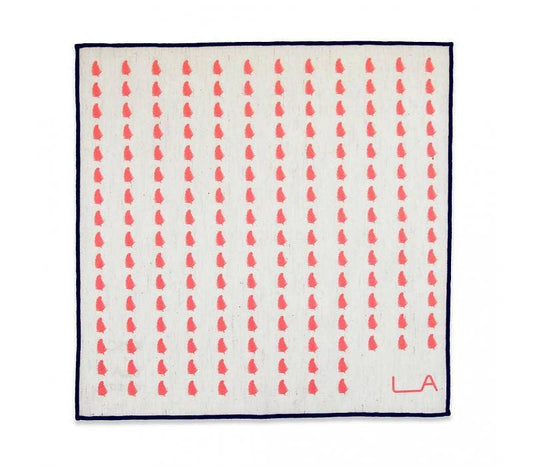 Square scarf with red pattern and 'LA' logo on a white background