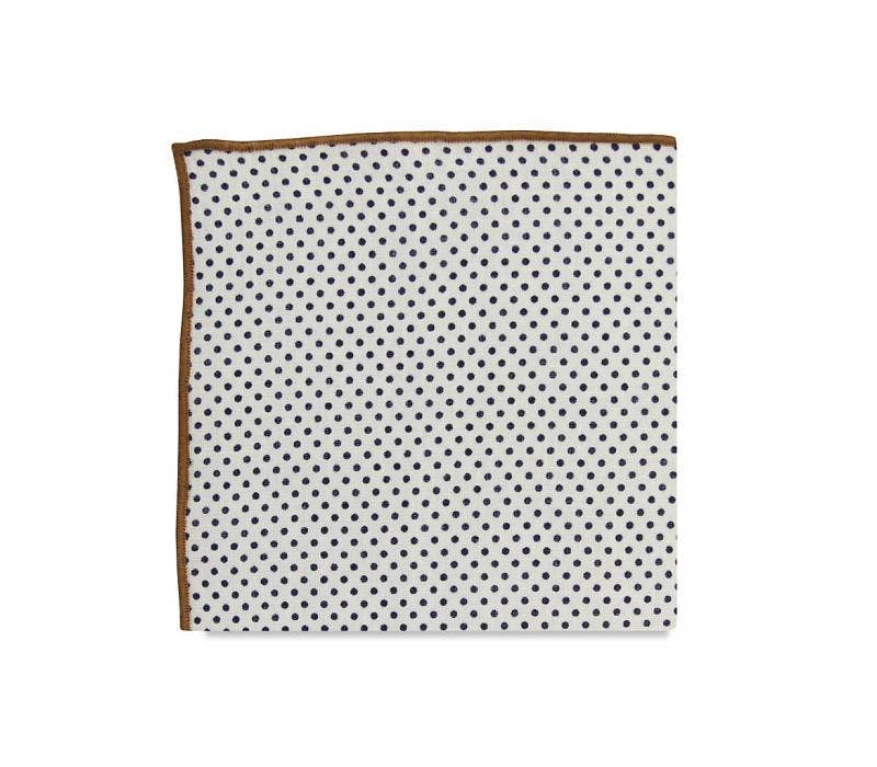 Polka dot pocket square with brown border on a white background