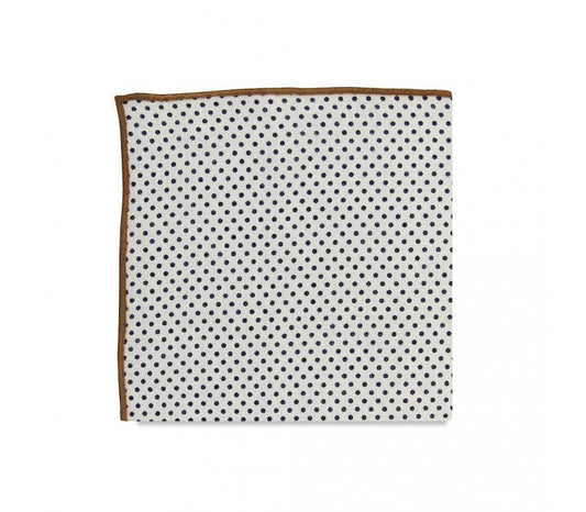 Polka dot pocket square with brown border on a white background