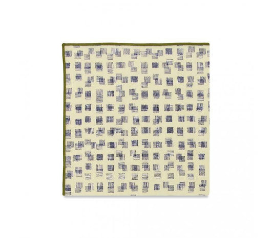 Fabric swatch with a blue and white pattern on a beige background