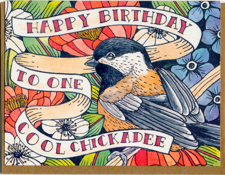 Colorful birthday card with a chickadee illustration and decorative text on a floral background.